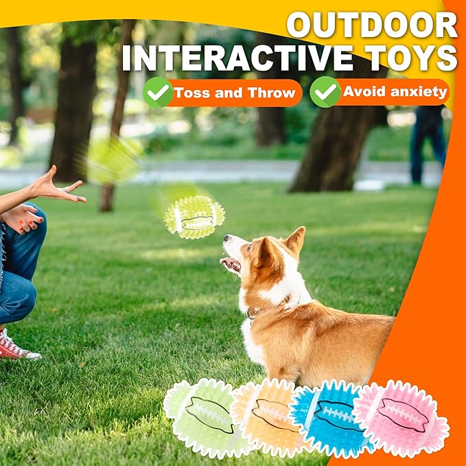 4.3” Dog Squeaky Football Toys 4 Pack, Light up and Durable Spiky Dog Balls for Medium Large Dogs with Rugby Shape, Built-in Squeaker for Teeth Cleaning and Training