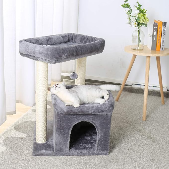 27" Cat Tree for Medium Cats, Cat Tower with Large Top Perch, Full Wrapped Natural Sisal Scratching Posts for Indoor Cats with Spacious Condo & Toy Ball, Grey