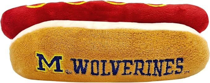 NCAA Michigan Wolverines HOT Dog Plush Dog & CAT Squeak Toy- Cutest HOT-Dog Snack Plush Toy for Dogs & Cats with Inner Squeaker & Beautiful Football/Basketball Team Name/Logo