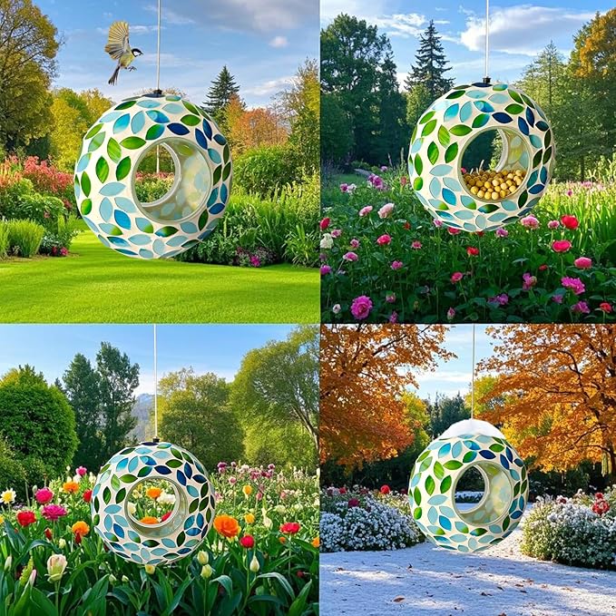 Mosaic Bird Feeder, Outside Hanging with Round Shape Glass BirdFeeders to Attract More Wild Birds, Mosaic Fly Through for Garden, Yard, Backyard, Deck and Porch Decor, Green 7-Inch