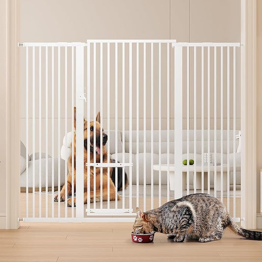 YITAHOME Extra Tall 55" High Metal Dog Gate with Cat Door, 29.5"- 43.3" Wide Auto Close Pet Gate Indoor for Stairs, Doorways, House, No Drilling Pressure Mount, Sturdy, White