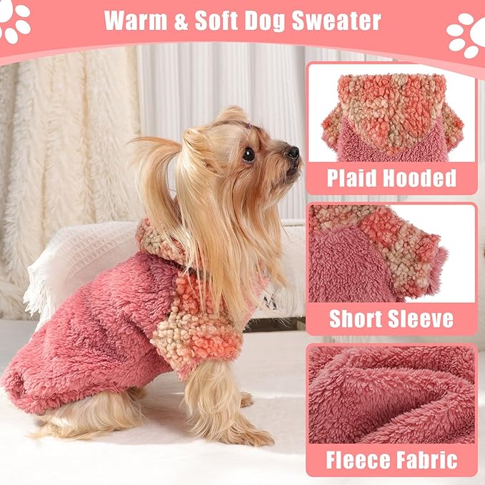 Plaid Dog Hoodie Dog Sweaters for Small Dogs Male Winter Warm Extra Small Puppy Sweater for Chihuahua Teacup Yorkie Soft Fleece Clothes Girl Boy Tiny Outfits Pet Clothing, Red, XS