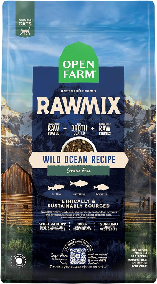 Open Farm, RawMix Dry Cat Food, Protein-Packed Kibble Coated in Bone Broth with Freeze Dried Raw Chunks, for Indoor & Outdoor Cats, Wild-Caught Whitefish, Salmon & Rockfish Recipe, 8lb Bag