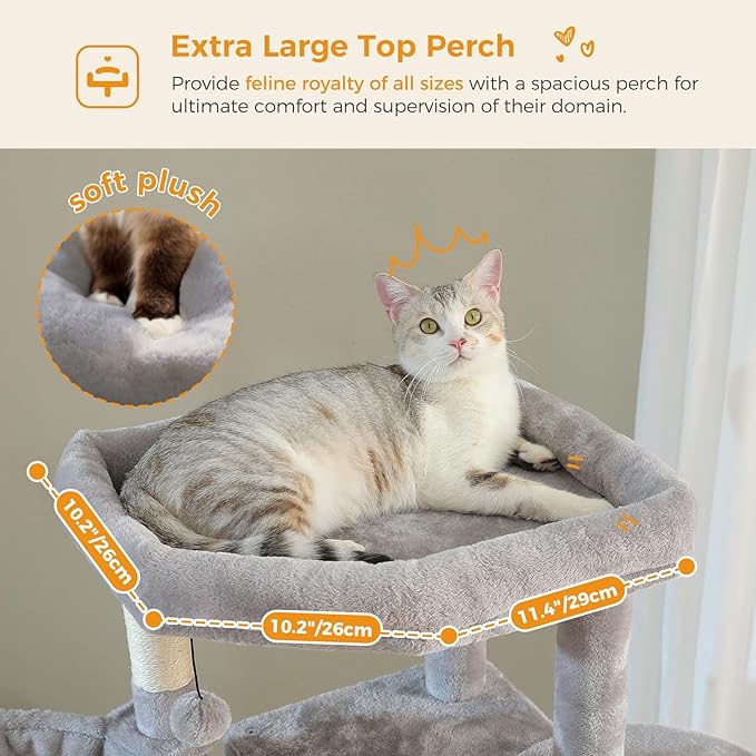 PAWZ Road Tall Cat Tower, 70 Inch Cat Tree with Hammock, 5 Scratching Posts, 2 Condos and a Large Top Perches for Large Cats