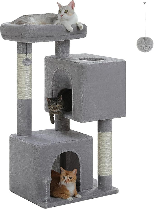 XL Cat Tower 44" Cat Tree for Large Cats 20 lbs+, 2 Spacious Condos with 3.4" Thickened Scratching Post, Large Top Perch, 2 Interactive Toys, Grey