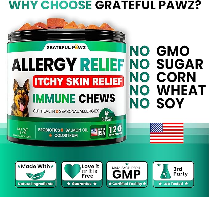 Dog Allergy Relief Chews - Dog Itch Relief - Probiotics, Omega 3 Fish Oil + Colostrum - Itchy Skin - Seasonal Allergies - Anti Itch Support & Hot Spots - Immune Health Supplement - Made in USA