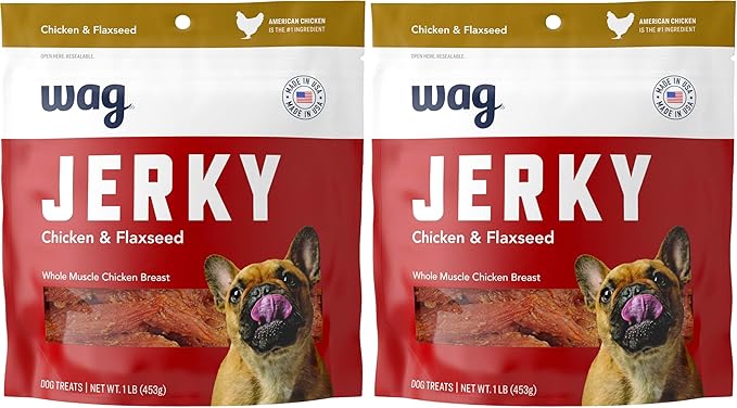 Amazon Brand – Wag Chewy Whole Muscle American Jerky Dog Treats – Chicken & Flaxseed (1 lb), Grain Free (Pack of 2)