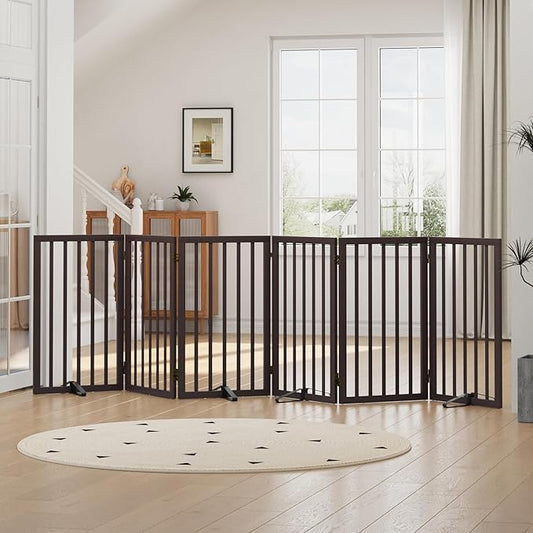 Dog Gates for Doorways, Foldable Dog Gate Indoor, Freestanding Pet Gates for Doorways Bedroom, Puppy Gate with Metal Support Feet, Room Divider, 6 Panels (Brown)