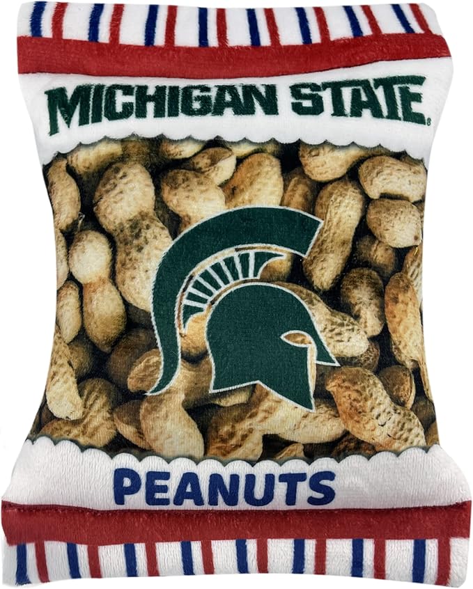 NCAA Michigan State Spartans Crinkle FINE Plush Dog & CAT Squeak Toy- Cutest Stadium Peanuts Snack Toy for Dogs & Cats with Inner Squeaker & Beautiful Football/Basketball Team Name/Logo