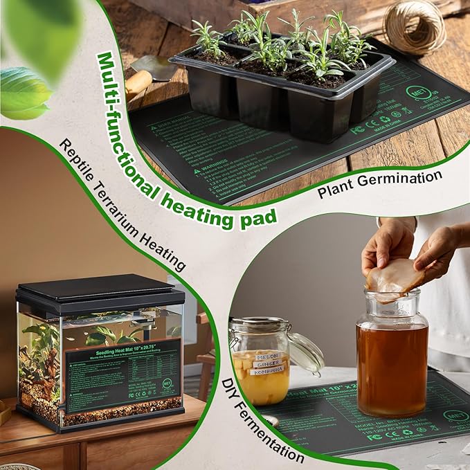 Seedling Heat Mat with Built-in Temperature Controller (2 Pack), 10" x 20.75" Plant Heating Pad with Thermostat for Indoor Seed Starting Germination Hydroponics Waterproof