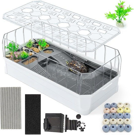 18.2×9.1×7.8'' Turtle Aquarium Turtle Tank with Filter-Rain Shower SPA Experience, Water Changes, and Ample Space for Activities-Suitable for Tortoises, Turtles, Hermit Crabs