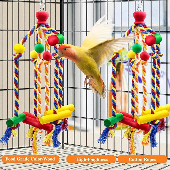 2 Pack Dangly Rope Bird Toys, Parakeet & Conure Toys with Multicolored Natural Wood, Chewing Toy Hanging Bird Cage Accessories for Parakeet Conure Cockatiel Parrot Lovebird