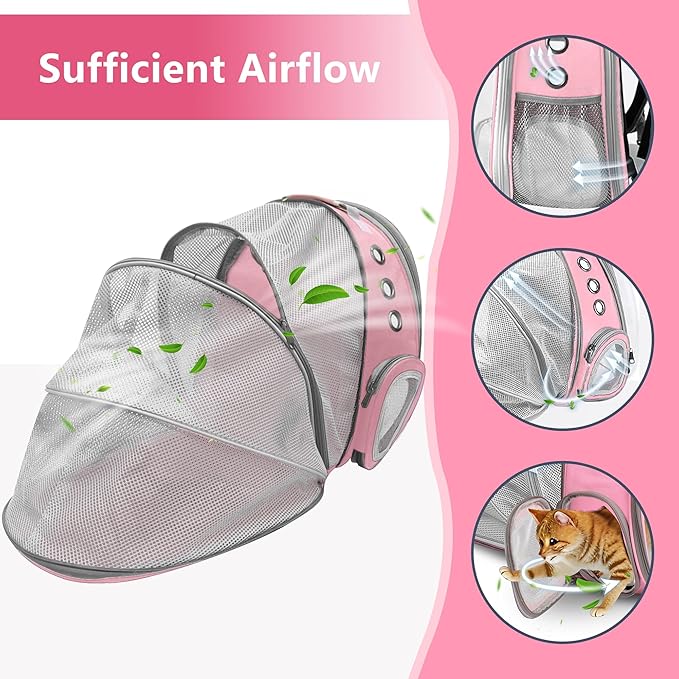 Cat Backpack Carrier Bubble Expandable Foldable Breathable Pet Carrier Dog Carrier Backpack for Large Big Cats Hiking, Travelling, Camping (Back Expandable-Pink)