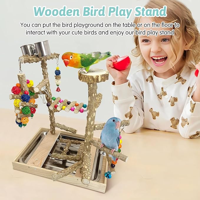 PINVNBY Bird Playground Natural Wood Parrot Perch Stand Bird Play Gym Colorful Ladder Swing Chewing Toys with Metal Tray and 2 Stainless Steel Cups Bird Cage Accessories for Conure Cockatiel Parakeet