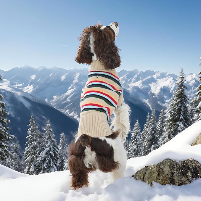 Kuoser Dog Sweater XL, Dog Sweaters for Medium Dogs Boy Girl, Turtleneck Doggie Striped Knitwear for Christmas, Winter Dog Clothes Pet Apparel for Labrador Beagle, Apricot XL