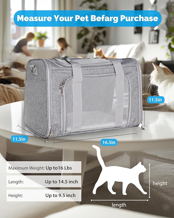 L&W BROS. Airline Approved Cat Carrier - Soft Sided Pet Travel Bag for Cats and Small Dogs Under 16 lbs TSA Approved Pet Carrier in Cabin (Gray)