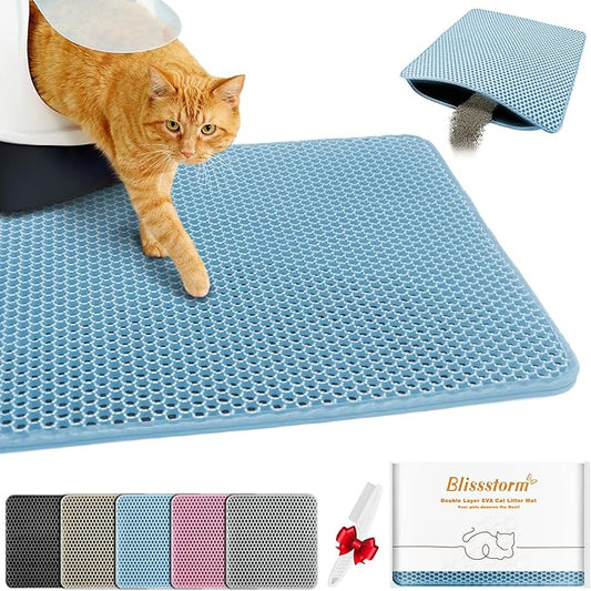 Waterproof Cat Litter Mat, Double Layer EVA, Odor-Free Large Grid, Urine Proof, Easy Cleanup (Blue, 12 x 12)