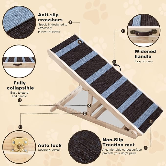 Dog Ramp for Bed, Adjustable & Folding with 6 Adjustable Height, Rugged, Anti-Slip, Dog Ramp for Couch, Folding Portable Wooden Pet Ramps, for Small & Large Dogs & Cats