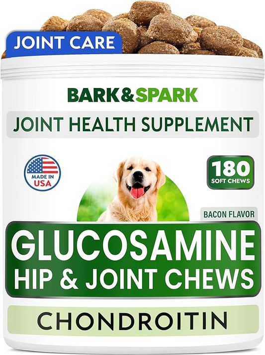 BARK&SPARK Glucosamine Chondroitin Dog Hip & Joint Supplement - Joint Pain Relief - Hip & Joint Chews - Joint Support Large Small Breed - Senior Doggie Vitamin Pill Joint Health (180 Treats - Bacon)