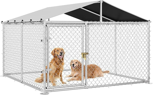 DWVO Outdoor Dog Enclosure with Roof, 7.5'x7.5' Dog Kennel Outside with Metal Gate, Dog House Large Dogs for Yard