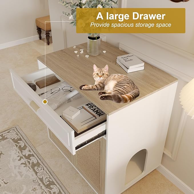 Cat Litter Box Enclosure Furniture Hidden - Indoor 2-in-1 Wooden Cat House & Washroom Cabinet with Scratching Board Doors and Drawer, 31.5”x21.6”x34.6”H
