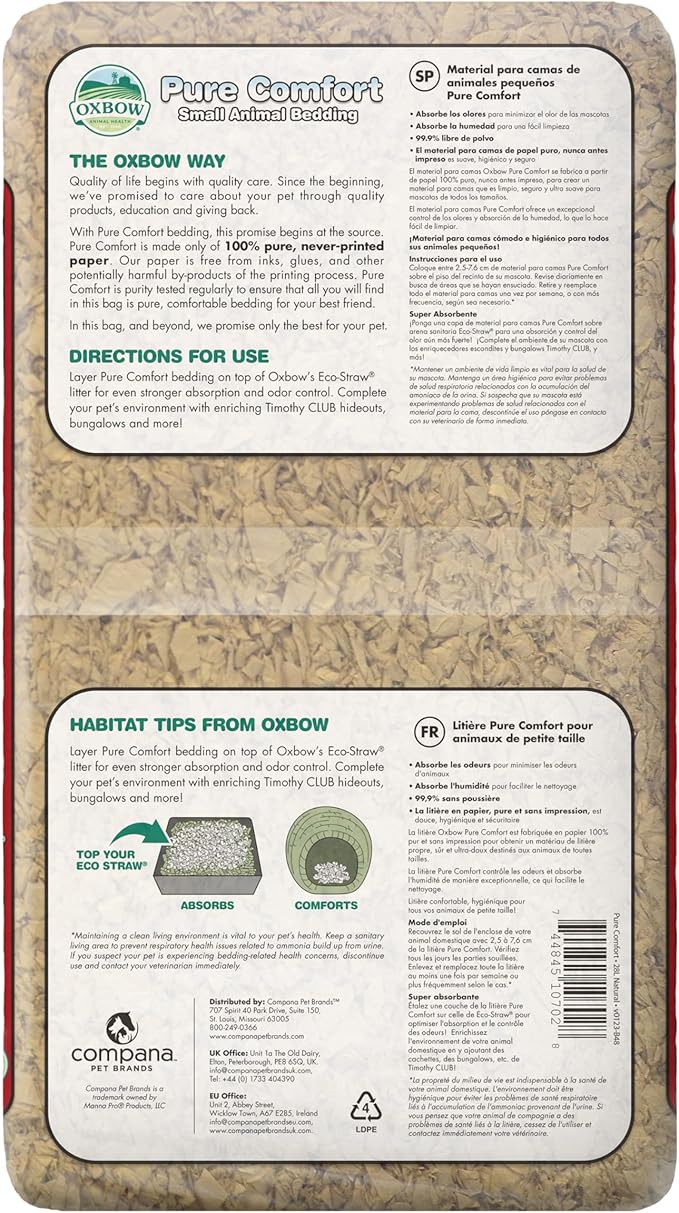 Oxbow Animal Health Pure Comfort Bedding, Rabbit, Hamster, & Guinea Pig Bedding, Bunny Supplies for Litter Box, Pet Safe, 99.9% Dust Free, Bunny Litter Box, Natural, 28 Liter Bag