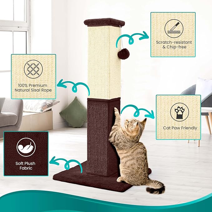 Cat Scratching Post, 32 Inch Cat Scratching Post for Large Cats, Cat Scratcher with Nature Sisal, Cat Scratch Post for Indoor Large Cats and Kitten, Brown