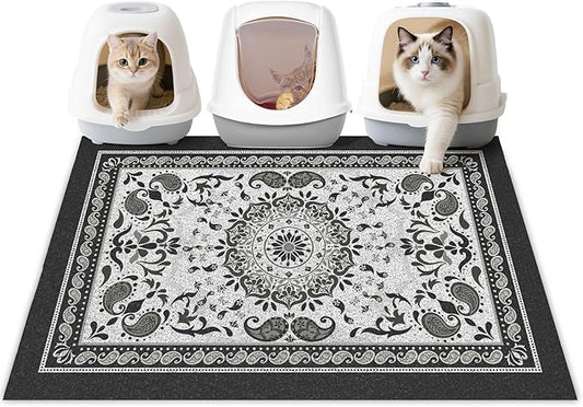 Unicorn Catcher Cat Litter Mat 40" x 30" Non-Slip Litter Box Mat Washable Litter Catcher Mat for Litter Box Indoor Food Mat Supplies Essentials, Black Mandala