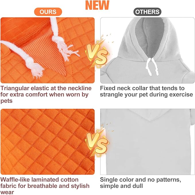 BEAUTYZOO Small Dog Hoodie Sweater with Pockets, Dog Clothes for Small Medium Dogs Boy Girl, Waffle-Like Laminated Cotton Pet Coats with Hat and Leash Hole, Orange S