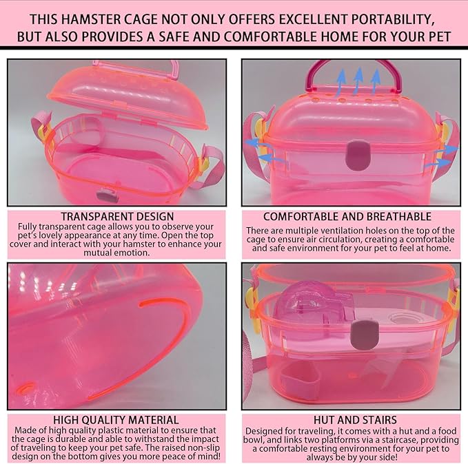 kathson Portable Hamster Cage Dwarf Hamster Carry Case Syrian Hamster Carry Travel Cage with House Food Bowl Adjustable Strap Pet Outgoing Cages Carrier for Small Hamster Young Guinea Pig Pink