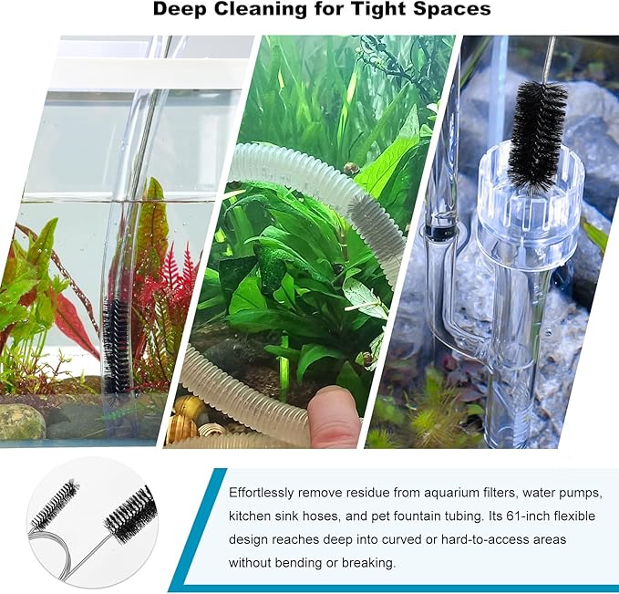2-Pack Flexible Dual-Ended Aquarium & Kitchen Tube Brush – Stainless Steel Core with Durable Black Plastic, 61-Inch Long Cleaning Tool for Hoses, Pumps, and Narrow Pipes（Black）