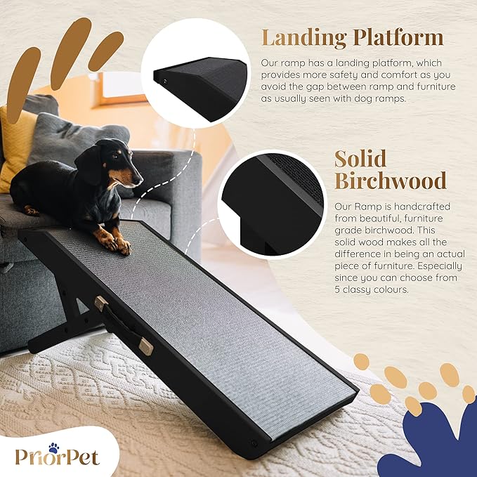 Dog ramp for Couch – Non-Slip, Sturdy Build Foldable Dog ramp – Supports up to 200lbs – Adjustable 7'' to 20'' – Landing Platform Seamlessly Connects – Birchwood Pet Ramp for Small Dogs – Black