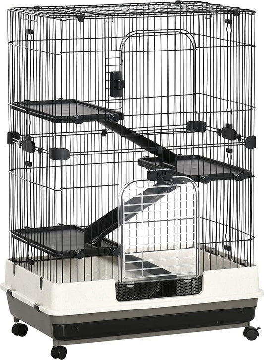 PawHut 4-Level Small Animal Cage Rabbit Hutch with Wheels, Removable Tray, Platform and Ramp for Bunny, Chinchillas, Ferret, Black