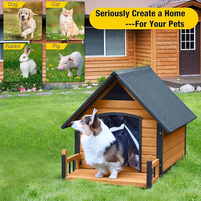 Dog House Outdoor,Dog Kennel Outside for Large Breed,Weatherproof Large Dog Shelter with Anti-Chewing Iron Frame (Brown-N, 45" D x 32.9" W x 32.6" H)