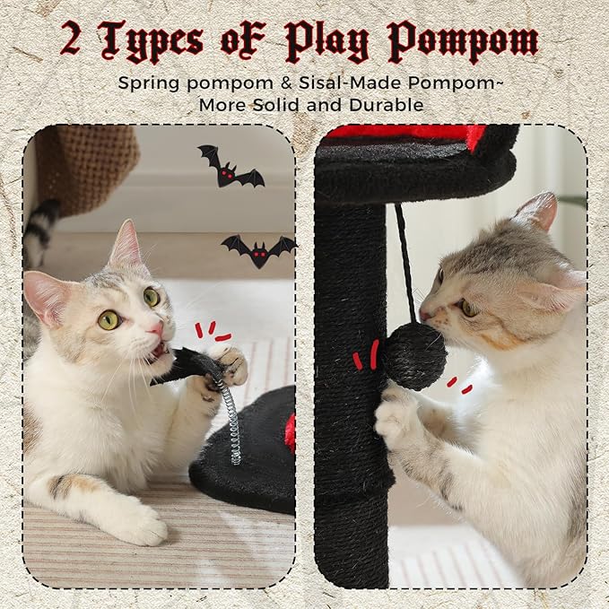 PEQULTI Cat Scratching Post, Gothic Cat Tree, Tall Scratcher for Indoor Cats with Super Thick Scratching Post [Dia=5.5''], Removable Spiderweb Pattern Cat Bed, Scratch Post with Spring Ball, Black