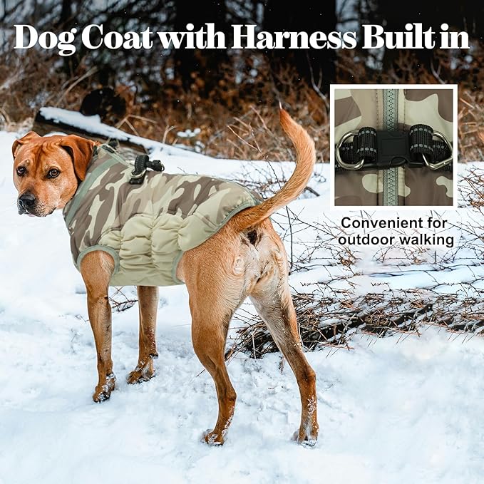 Lelepet Dog Coat Warm Dog Winter Coat Waterproof Dogs Jacket with Harness Built in Reflective Pet Fleece Vest Zip-Up Cold Weather Coats for Large Dogs Turtleneck & Windproof Coats Boxer Desert Camo XL
