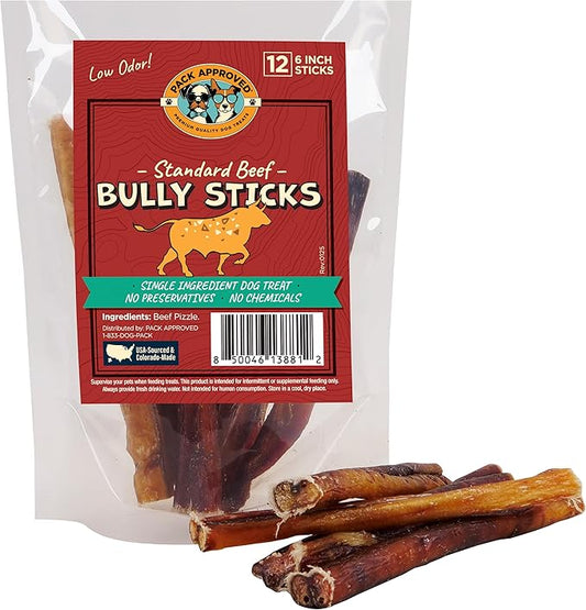 Standard Beef Bully Sticks for Medium Dogs - Long Lasting Dog Chews for Aggressive Chewers - Dog Bully Sticks for Medium Dogs - 6” (12ct)