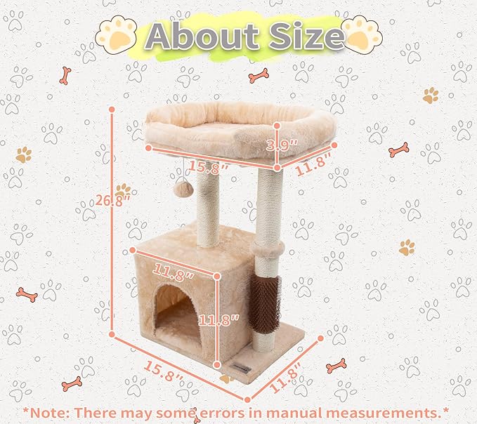 26.8" Small Cat Tree Tower,Cat Scratching Post for Indoor Cats,Featuring with Cat Cave & Cozy Perch,Cat Self Groomer and Interactive Dangling Ball Great for Kittens/Cats (Beige, Medium)