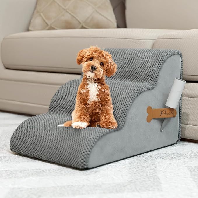 PAWZY Foam Pet Stairs for Bed, Couch or Window PREFIXED Cover - Wide Steps for Bed, Waterproof, Non-Slip Base - 3-Tier Ramp Dog Stairs for Small Dogs, Puppies, Cats - Dog Stairs & Steps (Grey)