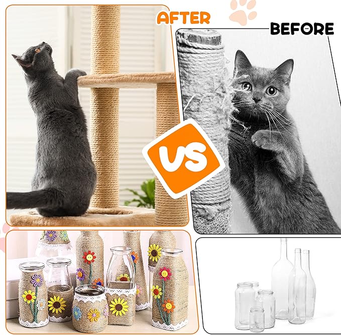 98FT/30M Cat Scratching Sisal Rope, 6mm Thick Natural Jute Rope for Scratch Posts, Cat Trees, DIY Projects, Sisal Rope for Scratcher with 2 Mouse Toys (Natural, 98ft)