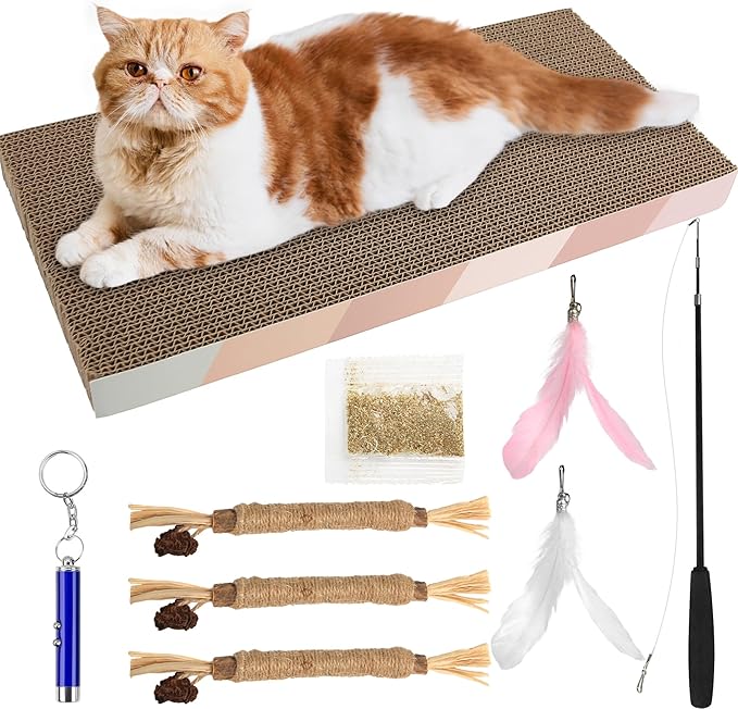 9 in 1 Cat Scratch Pad Cat Toys Set, Cat Scratcher Cardboard with Catnip, Retractable Wand Toy and Feather Toys, Natural Silvervine Sticks, Cat Toy Pointer