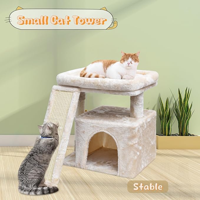 Small Cat Tree for Indoor Cats, Cat Tower with Scratching Post, Perch and Cozy Condo for Kittens and Adult Pets(Beige)