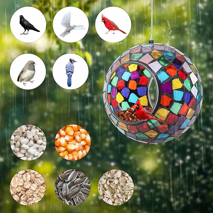 Yinns Mosaic Bird Feeder, Hanging Glass Birds Feeder, Fly Through Bird Feeder with Oval Stained Glass, Outdoor Garden Decor, 6.5 inch Purple