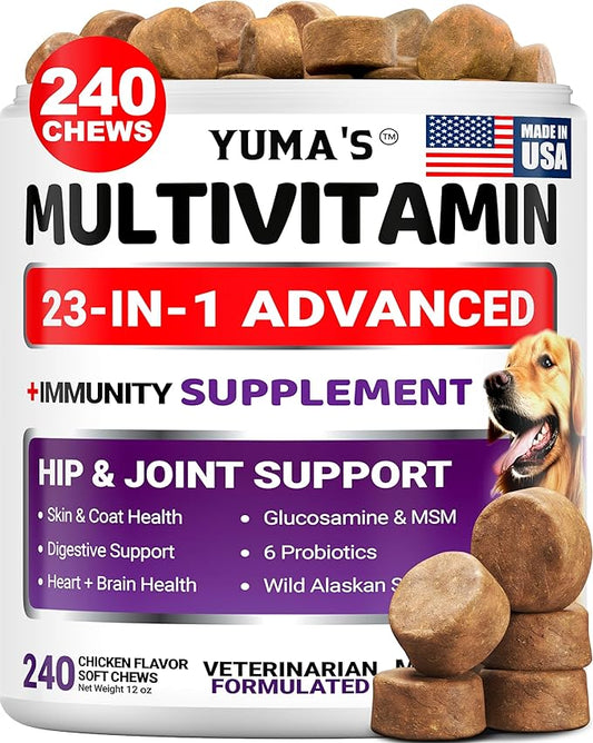 Dog Multivitamin Chewable with Glucosamine - 240 Treats - Dog Vitamins and Supplements - Senior & Puppy Multivitamin for Dogs - Hip & Joint Support - Immune Health, Skin, Heart, Digestion, Probiotics
