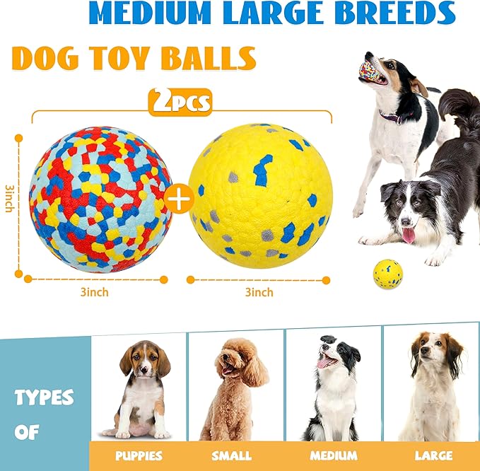 2pack 3''Durable Dog Balls for Aggressive Chewers, Indestructible Bouncy Floating Balls for Training, Catch and Fetch, Durable Solid Tennis Ball Toys for Large, Medium Dogs, Colorful Yellow