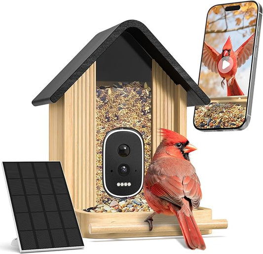 Smart Bird Feeder with Camera,Premium Bamboo Birdfeeder,2.5K UHD Bird Camera AI Identifies, Real-time Bird's Videos & Pictures, Solar Powered Wireless Outdoor, Ideal Present for Parent