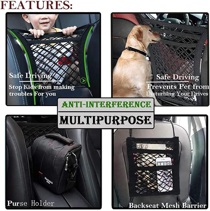 DYKESON Pet Barrier Dog Car Net Barrier with Auto Safety Mesh Organizer Baby Stretchable Storage Bag Universal for Cars, SUVs -Easy Install,Safer to Drive with Pets and Children, 3 Layer S