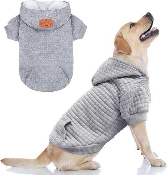 BEAUTYZOO Small Dog Hoodie Sweater with Pockets, Dog Clothes for Small Medium Dogs Boy Girl, Waffle-Like Laminated Cotton Pet Coats with Hat and Leash Hole, Grey XL