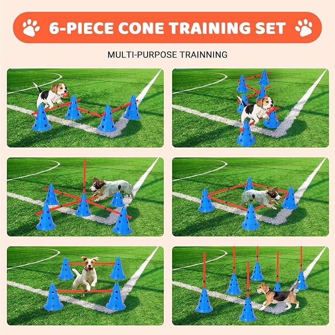 Dog Agility Hurdle Cone Set, Dog Training Equipment with 12 Agility Cones 6 Agility Rods 2 Rod Buckles, Pet Agility Course Set Puppy Obstacle Course Jump with Storage Bag for Outdoor