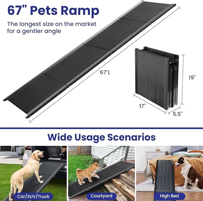 Dog Ramp for Car, 67''x 17'' Extra Long Folding Dog Ramp, Pet Ramp for Large Dogs with Non-Slip Rug Surface, Portable Dog Steps Up to 250LBS, Outdoor Dog Ramp for Car, High Bed Couch